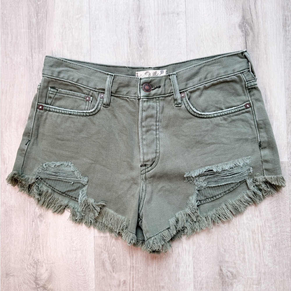 Free People Green Distressed Jean Shorts